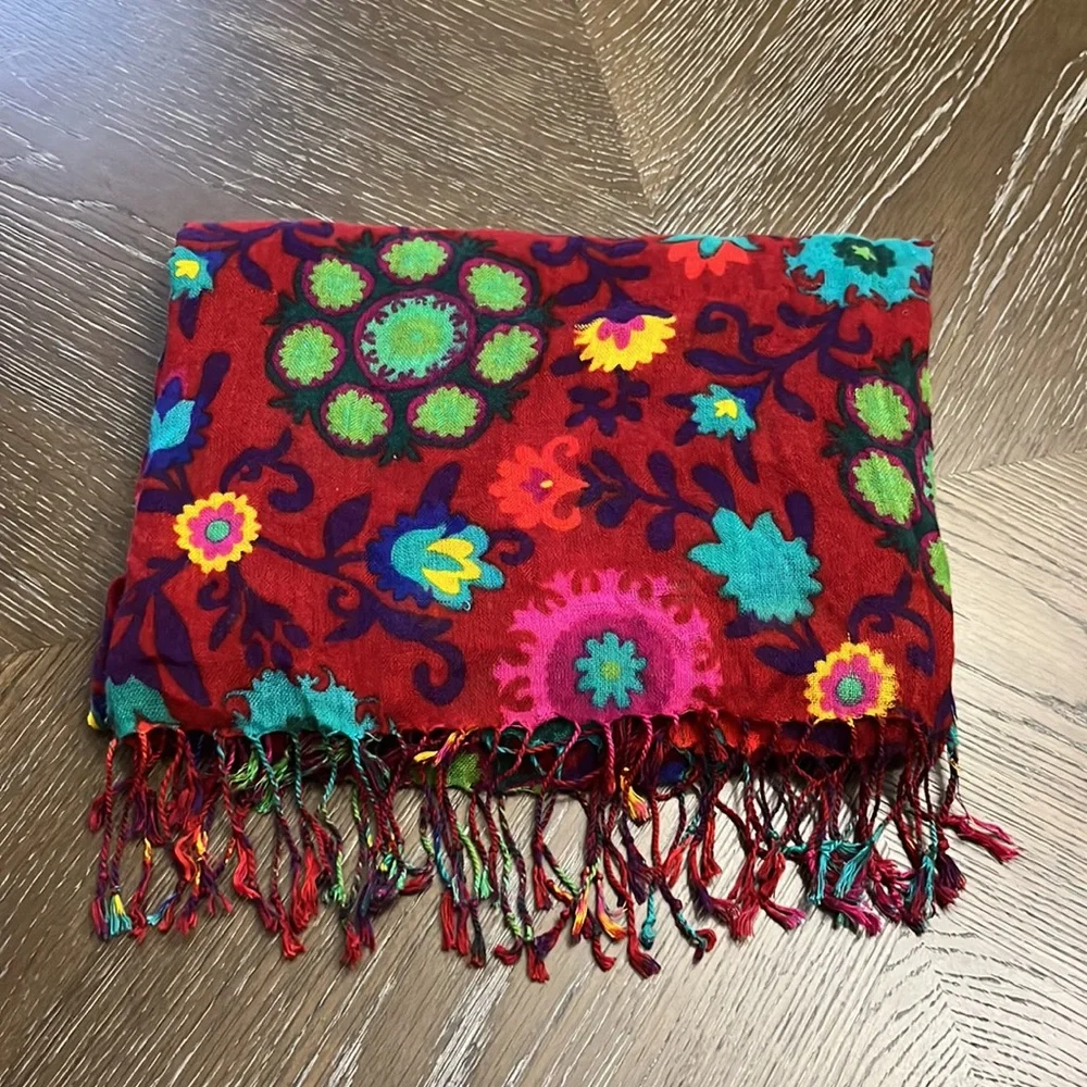 Red floral with fringe scarf
